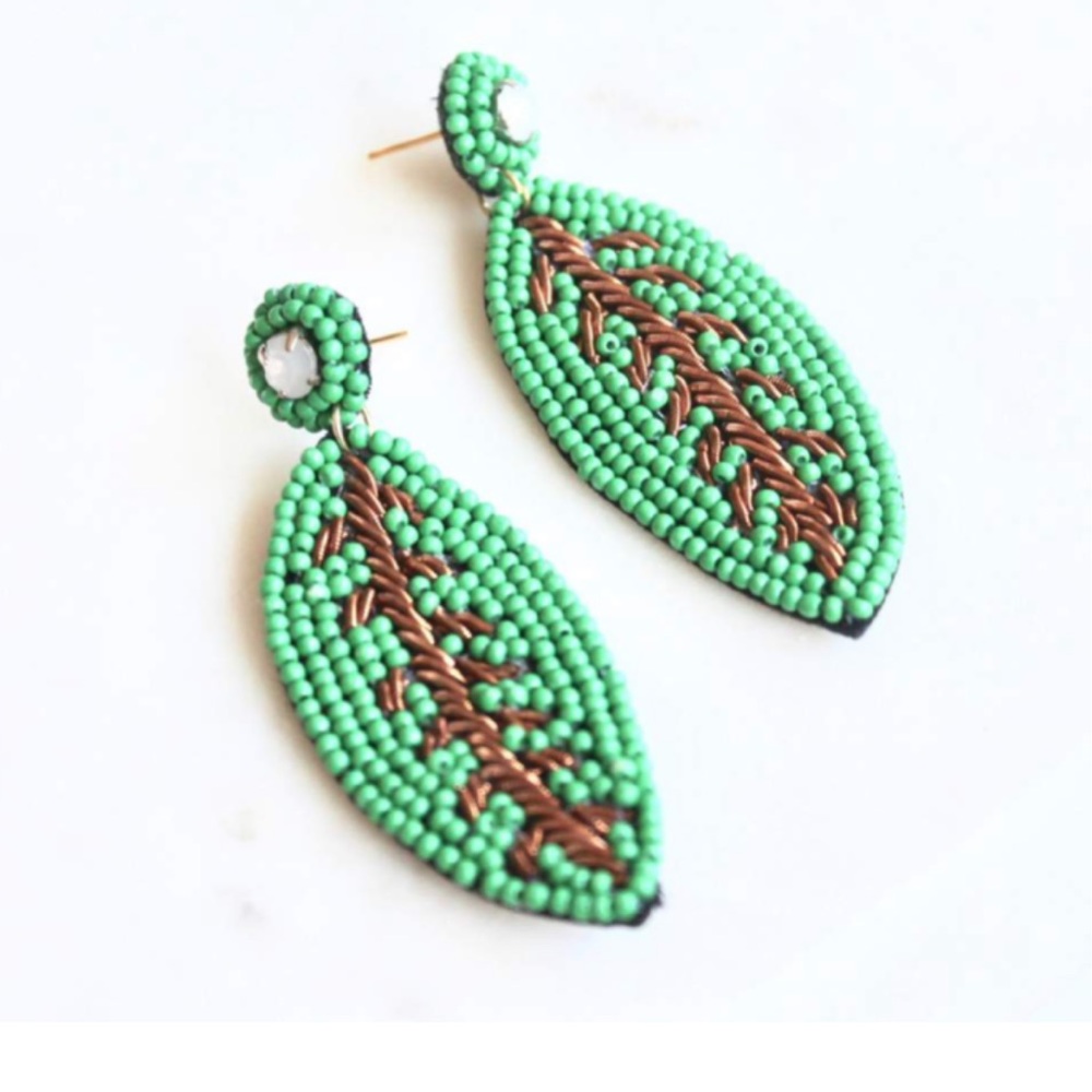 Green Beaded Leaf Earrings (E10)